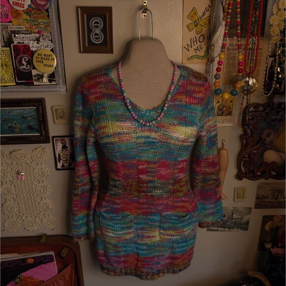 Y2K Rainbow Knit Sweater Women's XS Multicolor Colorblock Quarter Sleeve - Picture 1 of 7